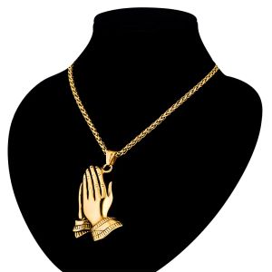 Mens 14k Yellow Gold Jesus Prayer Pendant Necklace Golden Color Hiphop Praying Hands Pendant 2-användarkedja 20 26 Colgante