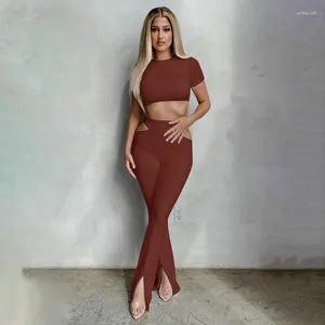 Calças femininas de duas peças BoozRey oco para fora mulheres calça conjunto roupa 2024 top cortado e calças de flare casual streetwear verão sexy