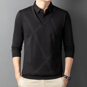 İlkbahar ve Sonbahar Erkek Kazak Yaka Düğmesi Katı Geometrik Şerit Uzun Kollu Tshirt Polo Alt Moda Günlük Resmi Üstler 240105