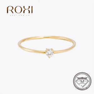 Roxi 18K Gold Plated Ring for Women 0.1ct Test D Diamond Solitaire Ring Wedding Band Engagement Bridal Plain Ring 240103