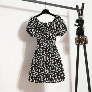 Günlük elbiseler moda çiçek baskısı kadın mini elbise yaz yüksek bel siyah plaj sundress puf kolu boho bayanlar kore vestidos