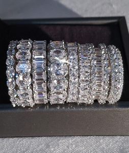 Lüks Tasarımcı 925 Sterling Gümüş Kristal Bant Ring Prenses Kes Beyaz Kübik Zirkon Elmas Never Soluk Klasik Söz Düğün B1497084