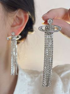 Viviennely Westwoodly Full Diamond Tassel Long Earrings for Women New Buratile Fashion Earrings Net Red Earrings