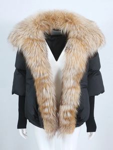 Oftbuy natural real raposa gola de pele de guaxinim jaqueta de inverno feminino grosso quente pato para baixo casaco de malha manga outwear streetwear 240105