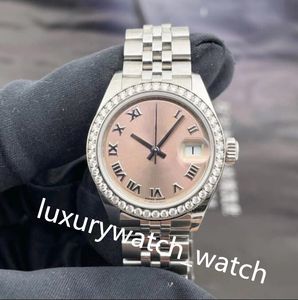 Clássico feminino relógios de diamante rosa romen dial 279384 28mm safira espelho calendário mecânico prata jubileu aço pulseira com caixa