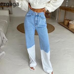 Jeans Ezgaga Women Jeans Tie Dye Patchwork High midje Wide Leg Pants Fashion Ladies Denim Trouser Allmatch Femme Pantalon Streetwear 21