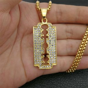 Hip hop lâmina pingente colares para homens cor dourada 14k ouro amarelo navalha colares masculino gelado para fora bling strass jóias