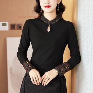 Ethnic Clothing 2024 Chinese Traditional T-shirt National Flower Embroidery Fleece Lined Shirt Vintage Hanfu Top Improved Retro Base