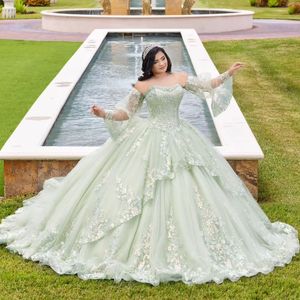 Sage Green Ball Gown Quinceanera Dress 2024 Applicies spets tull prinsessa vestidos de 15 anos födelsedagsfest söt 16 klänning