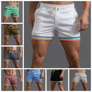 Shorts masculinos verão cor sólida arco-íris impressão shorts bolso cinched cintura solta calças de basquete casual esportes calças de praia retas T240105