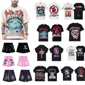 shorts hellstar camisa hellstar camisa masculina camiseta shorts de grife espuma offset impressão flor casual shorts soltos calças hellstar desenhar corda botão de metal esporte quinta calça