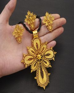Set di gioielli etiopi in oro massiccio 14k di alta qualità, grandi orecchini, collana, anello, Dubai, sposa, Habesha, articoli africani, regalo8584512