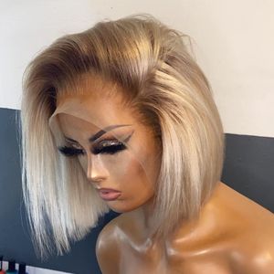 613 Blonde Lace Front Wigs For Women Short Bob Brazilian Human Hair Wig Brown Roots HD Transparent Lace Frontal Wigs Preplucked