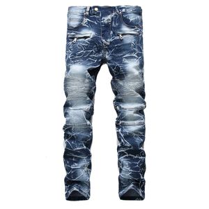 Marka Mens Snow Tasarımcı Moda İnce Skinny Moto Biker Sıradan Kot Düz Motosiklet Erkekler Yıkılmış Denim Pantolon 240104