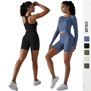 Women's Tracksuits Knit Seamless Gym Workout Shorts Set Woman 2 Piece Sportswear Long Sleeve Training Suit For Fitness Yoga Wear Lady Sport