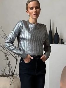 Elegancki srebrny kolor na dzianina skoczka pullover długi rękaw szydełkowy szydełkowy lady sweter jesienne zimowe eleganckie okładka na dzianina 240105