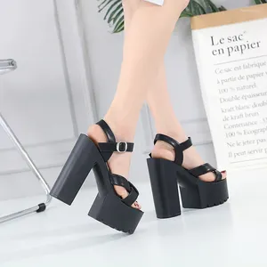 S sandalet 16cm siyah kadın açık ayak parmağı kalın platform kadın ayakkabı yüksek topuklu seksi kesikler rahat gotik punk sandal ayakkabı topuk kesim