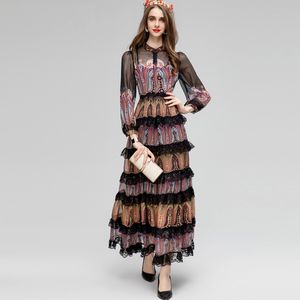 Women's Runway Dress Stand Collar Long Sleeves Tiered Lace Patchwork Ruffles Printed A Line Designer Vetstidos