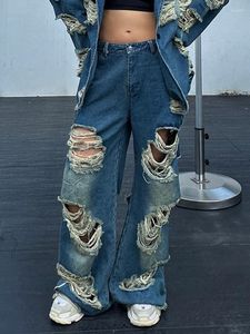 Women's Jeans Hole Hollow Out Denim Pants For Women High Waist Loose Patchwork Pockets Streetwear Wide Leg Female Fashion