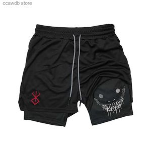 Men's Shorts Anime Berserk Running Shorts Men Fitness Gym Training 2 w 1 Sports Shorts Szybkie suche trening Jogging Double Deck Summer T240105