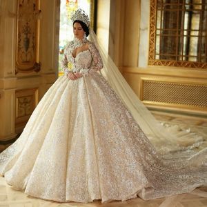 Spets bröllop full klänningar långa ärmar vintage paljett med hög hals vestios de novia prinssa arabiska dubai brudklänningar
