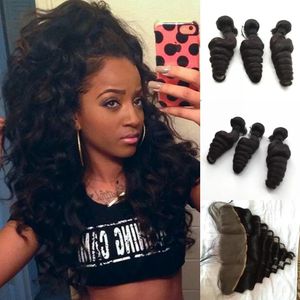 Weaves Brazilian Peruvian Malaysian Indian Loose Wave Human Hair Weave Cheap Loose Curl Remy Hair Extensions 3 Bundles with Lace Frontal