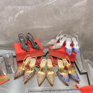 Rene Caovilla Margot New Strass Stiletto Heel Heel Sandals Square To Geel Evening Shoes 여성 하이 힐 디자이너 발목 랩 어라운드 신발 35-43with Box