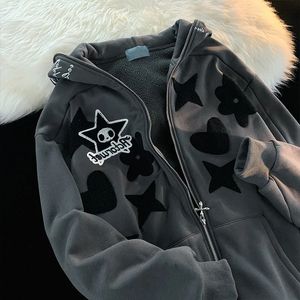 Y2k zíper hoodie harajuku kawaii roupas oversized moletom com capuz feminino bonito bordado padrão jaqueta casaco 240104