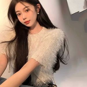 Women's T-Shirt Retro cut knitted top new 2023 short sleeved white Kpop clothing knitted sweater fashionable Korean style womens sweater PulloverL2405