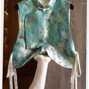 Ethnic Clothing Classical Waistcoat Blue Top High-end Silk Song Brocade Chinese Style Vest Autumn Wear Lace Up Niche