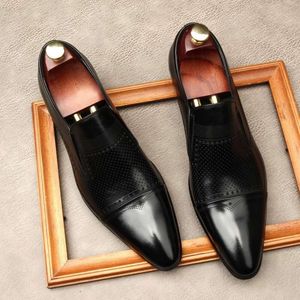 Couro genuíno masculino brogue negócios banquete de casamento casual plano vintage artesanal sapatos oxford para preto y