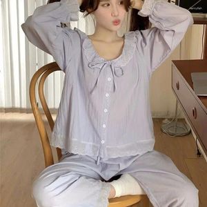 Kvinnors sömnkläder Spring Autumn Lace Patchwork Princess broderi Pyjama Set Sweet Soft Pants Pyjama Women Home Clothes S468