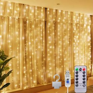 1 PACK 300LED Fairy Curtain Lights, USB Plug i 8 lägen Christmas Fairy String hängande lampor med fjärrkontroll för bröllop, dekorationer varm vit färg vit.