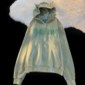 Одежда для спортзала Harajuku Толстовки с ангельскими ушками Женские толстовки в стиле ретро на молнии с буквенной вышивкой Осень Y2K Куртки с капюшоном и длинными рукавами