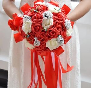 Blumen Neueste Hochzeitssträuße Günstige handgemachte künstliche lila beige Rosen Brautsträuße in erstklassiger Qualität240a