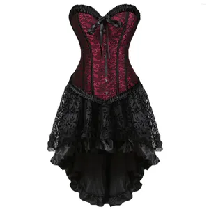 Casual Dresses Vintage Gothic Corset Sexy Dress Women Lace Floral Embroidery Party Waist Cincher Bustier Asymmetrical Skirt Set