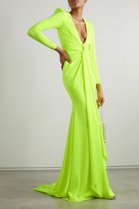 Elegant Long Sleeve Satin Green V-Neck Evening Dresses With Front Ribbon Mermaid Pink Pleated Sweep Train Prom Dress Party Dresses for Women