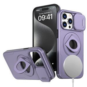 Suporte de anel magnético capa de telefone para iPhone 15 Plus 14 13 12 11 Pro Max Slide Camera Lens Protect para MagSafe Capa de carregamento sem fio Armadura à prova de choque anti queda