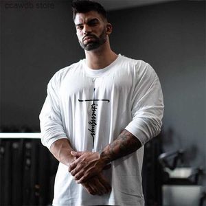 Homens camisetas Oversized Manga Longa T-shirt Outono Algodão Ginásio Roupas Fitness Mens Camiseta Hip Hop Sportswear Solto Homem Musculação Camiseta T240105