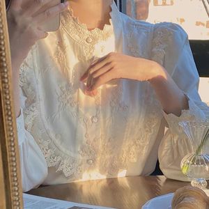 Kadın Bluzları 2024 Sonbahar Kore Moda Zarif Bluz Dantel Sıradan Vintage Fransa Kadınlar Uzun Kollu Yüksek Sokak Şık Tasarımcı Giyim