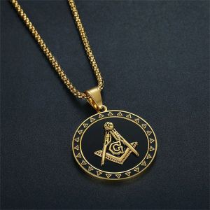 Hip Hop Mason Symbol Pendant Male Golden Color 14k Yellow Gold Freemason Masonic Necklace For Men Women Religious Jewelry Gift