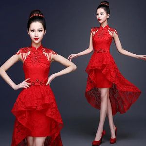 Kleidung Rote Spitze Chinesisches Abendkleid Perlenapplikation Kurze Vordere Lange Rückseite Braut Hochzeit Qipao Rückenfreies Cheongsam Sexy Custom