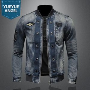 Män vintage stativ krage pilotrock denim bomberjacka plus storlek 5xl smal passform blixtlås jean ytterkläder mode mens cyklist jackor 240105