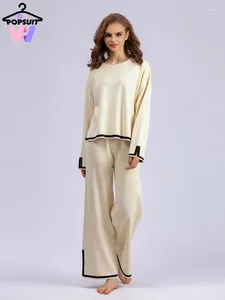 Women's Two Piece Pants In Autumn Winter Knitted Suit Pullover Wide Leg Pant Set Casual Lazy Lady Leisure At Home Clothing