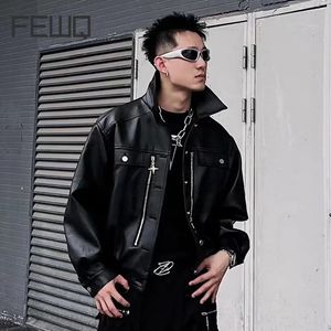 FEWQ Spring Autumn American Men's PU Leather Coat 2023 Solid Color Long Sleeve Single Breasted Male Tops Darkwear 24X2186 240105