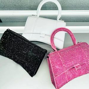 Fall äkta läder timglas inlagd strass diamant tygväskor kvinnor glisten koppling crossbody axel rem lyxys man topphand