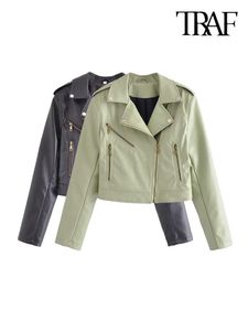 Calças Traf Mulheres Moda Faux Couro Moto Biker Jaqueta Casaco Vintage Manga Longa Zipperup Feminino Outerwear Chic Tops