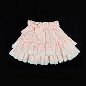 ドレスハラジュク甘いピンクの弓ロリータケーキスカート日本人女の子カワイハイウエストレースフリルプリーツスカート女性Y2Kショート