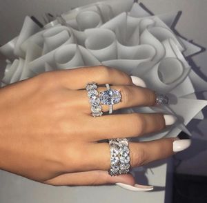 Luxo 100 925 prata esterlina 5ct oval corte branco topázio pedra preciosa casamento anéis de noivado conjunto jóias pavimentar diamante banda ring7789183