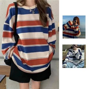 2024 Spring Women's T Shirts Kpop Long Sleeve Women Tshirts 2024SS Korean Style Söta lösa ränder Y2K TOPS UNDEFINERAD FEMME SHIRT